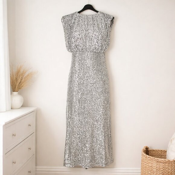 Ann Taylor Dresses & Skirts - Ann Taylor Silver Sequin Midi Dress Shimmer Cocktail Party Size 14 NEW